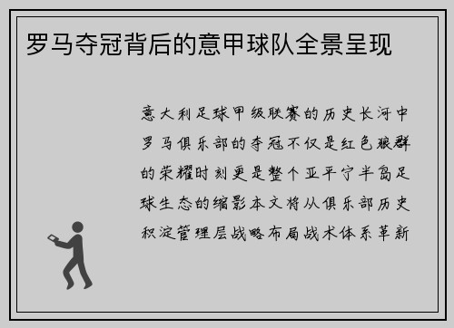 罗马夺冠背后的意甲球队全景呈现