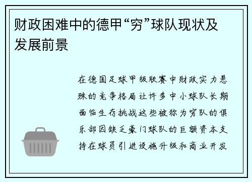 财政困难中的德甲“穷”球队现状及发展前景
